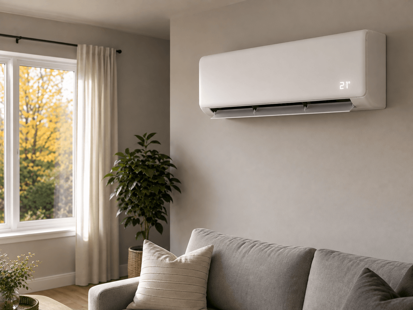 Thermopompe murale en fonction dans un salon